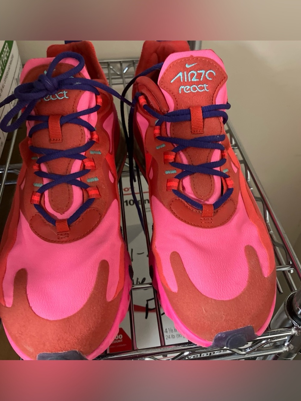 Nike Women’s Pink and Red React Running Sneakers with Purple Laces